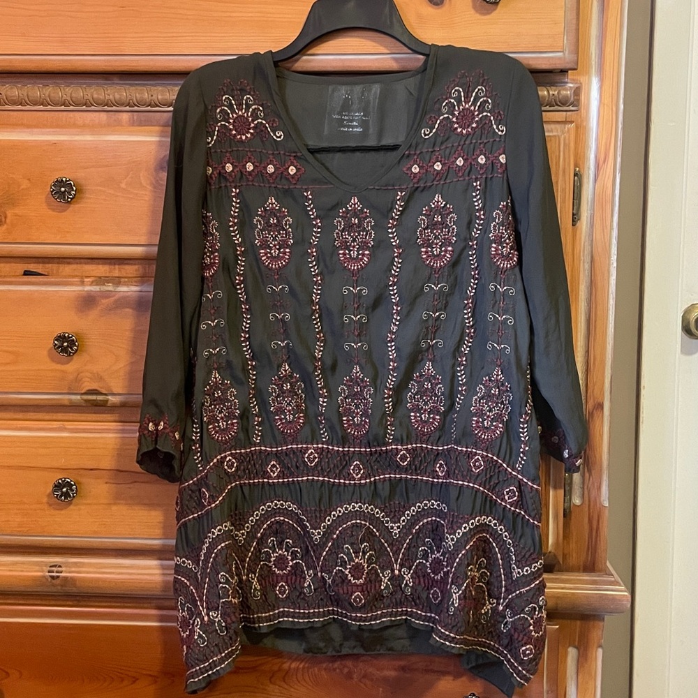 Embroidered Dark Olive and Burgundy and Tan Women's Top